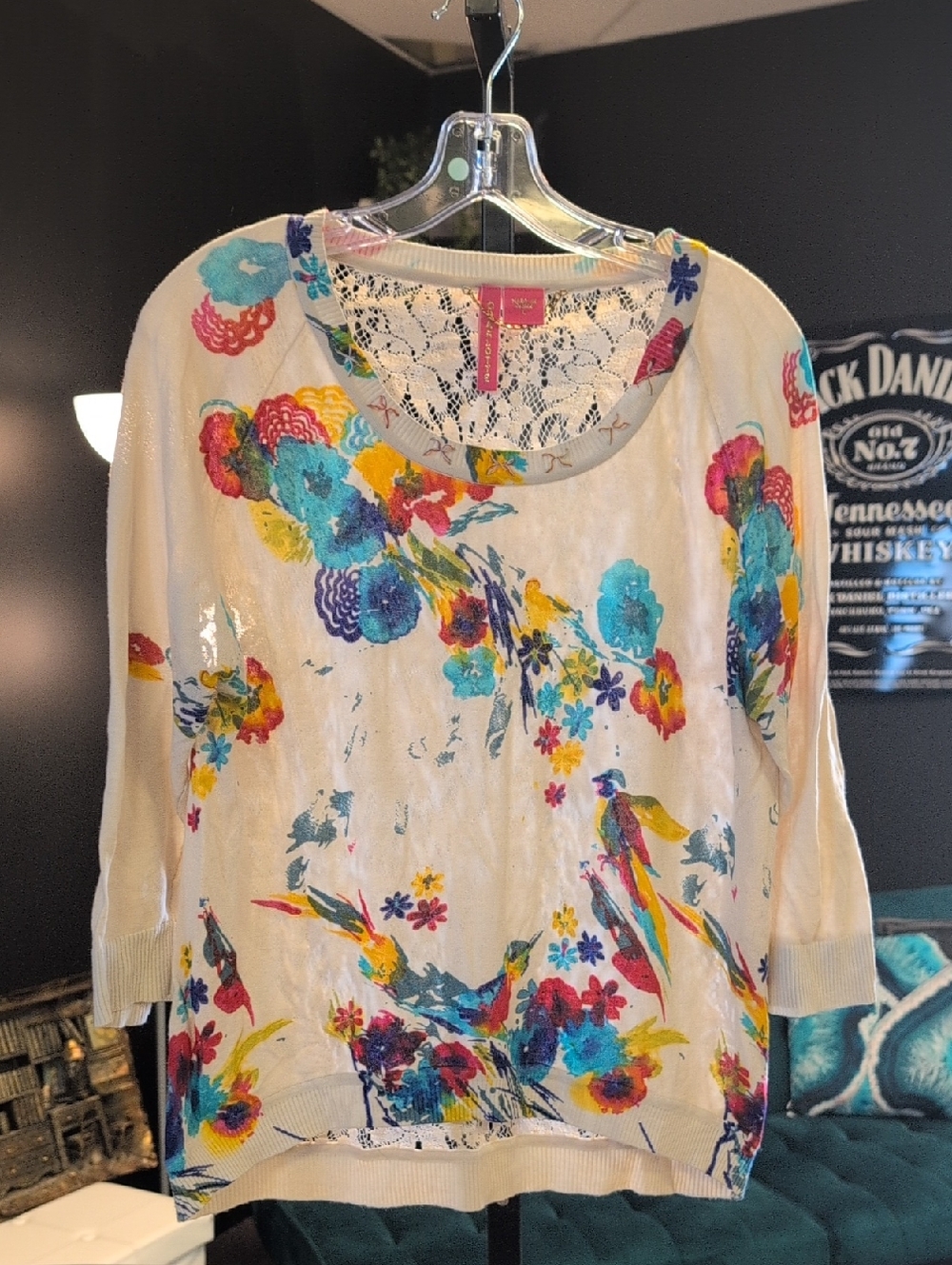 Charlotte Tarantola Cream Floral Lace-Back Pullover with Multicolor Print